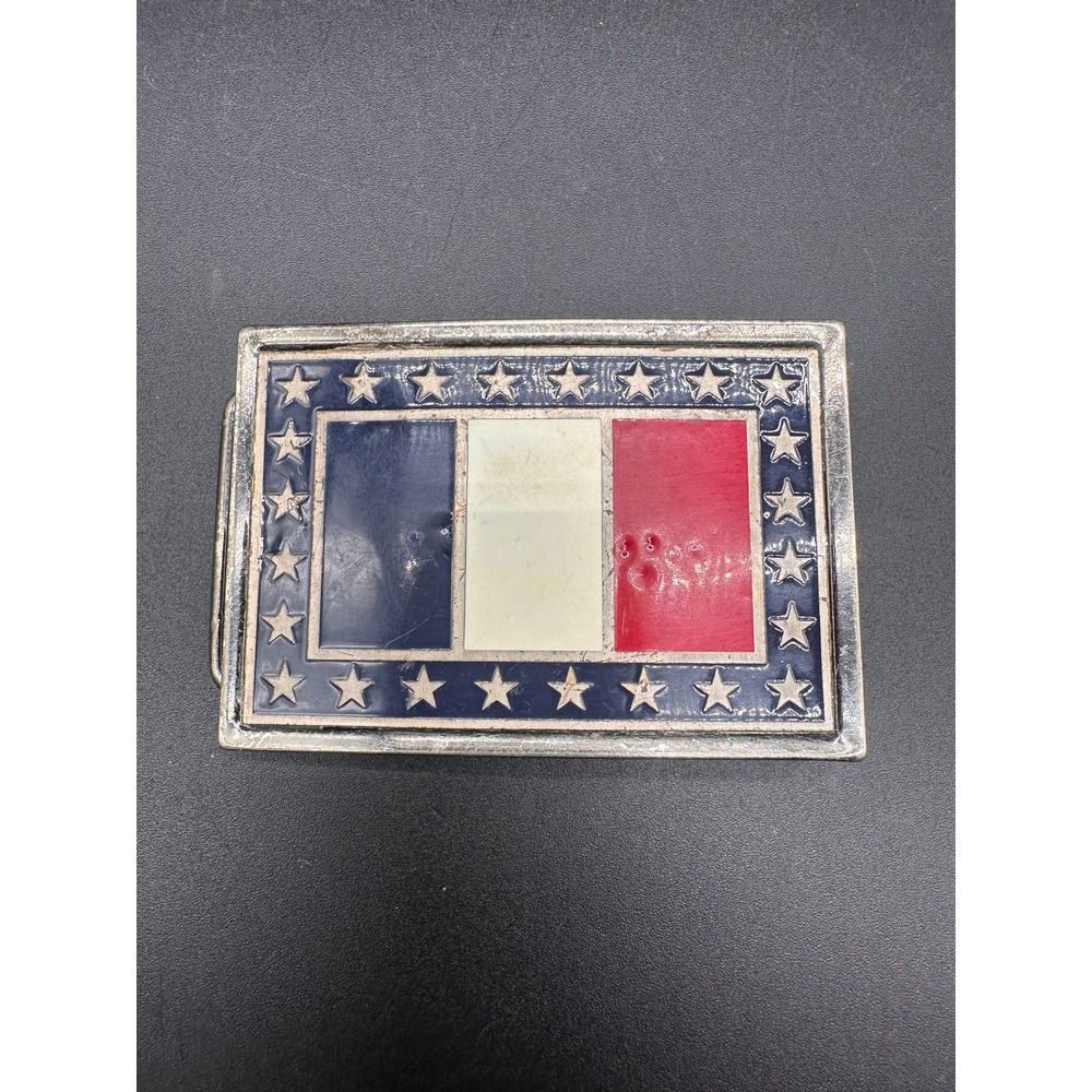Vintage French Flag Belt Buckle Silver Tone Enamel Stars France Patriotic